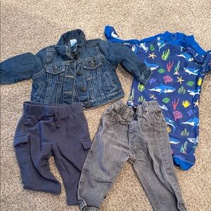 6-9 months bundle of boys pants bathing suit and jean jacket